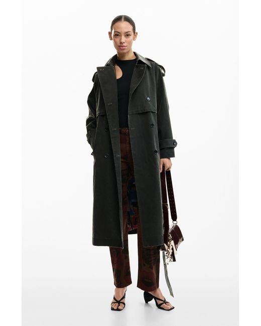 Desigual Black Trench Coat Suede Effect, Polyurethane