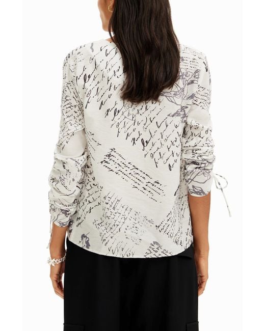 Desigual White Blouse With Adjustable Sleeves And Text Prints