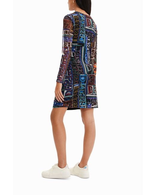 Desigual Blue Lettering Bodycon Tulle Long Sleeved Writing Dress 23swvk23 Black