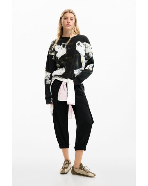 Desigual Black Sweatshirt Mickey Y Minnie Mouse, Cotton