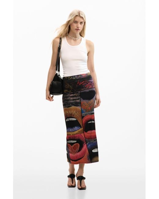 Desigual White Printed Knit Skirt, Viscose
