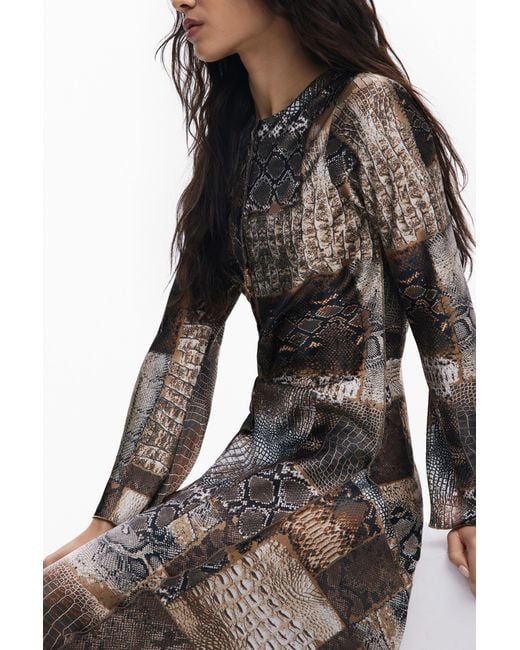 Desigual Brown Flowy Animal Print Dress, Polyester