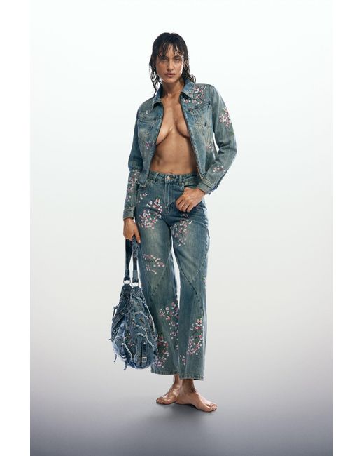 Desigual Blue Embroidered Denim Jacket, Cotton