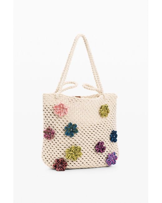 Desigual White Crochet Bag With Flowers, Cotton