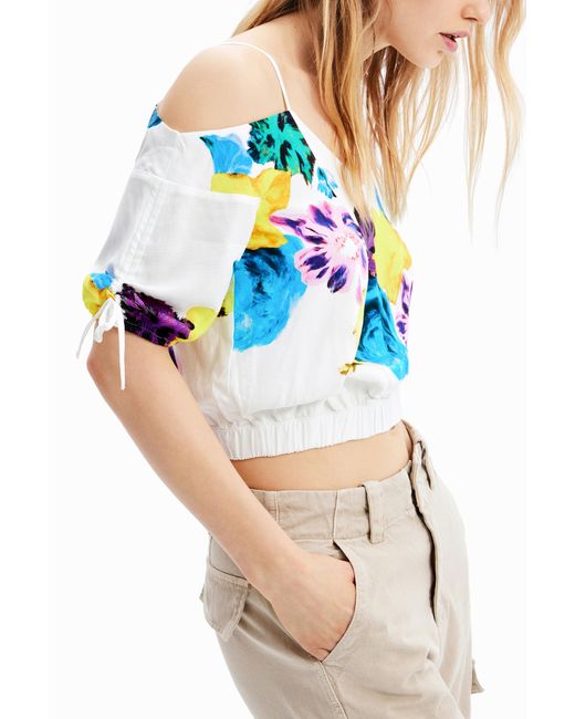 Desigual Blue M. Christian Lacroix Short Gathered Floral Blouse, Viscose