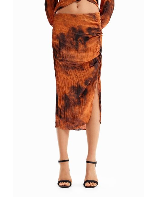 Desigual Orange Adjustable Gathered Midi Skirt, Polyester