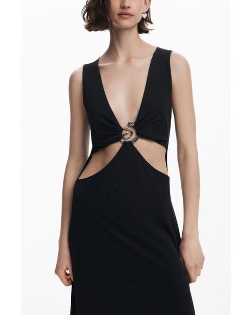 Desigual Black Long Dress With Metallic Appliqué, Viscose