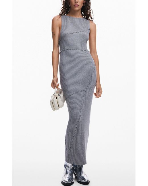 Desigual White Ribbed Long Dress