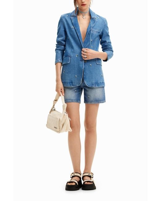 Desigual Blue Denim Blazer With Small Flowers, Cotton