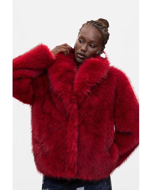 Desigual Red Short Fur Coat, Polyester