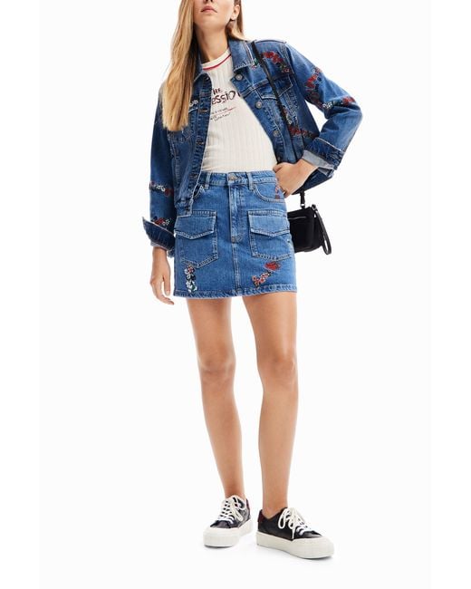Desigual Blue Floral Denim Mini Skirt, Cotton