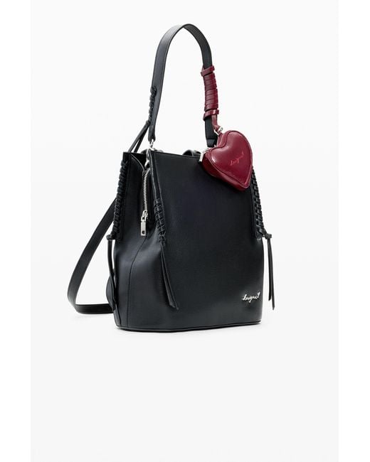 Desigual Black Medium Backpack Charm Heart, Polyurethane