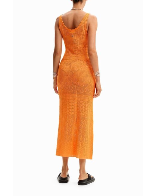 Desigual Orange Strappy Openwork Midi Dress