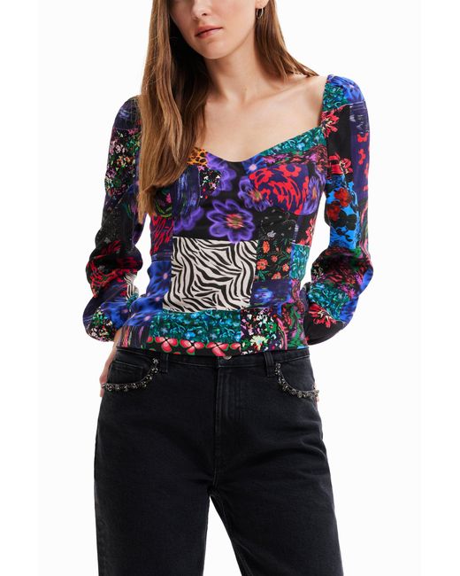 Desigual Blue Patchwork Corset Blouse, Viscose