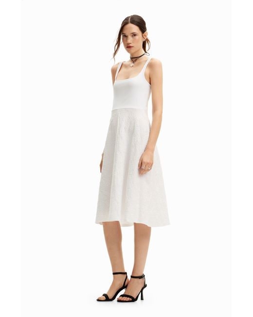 Desigual White A-Line Midi Dress, Cotton