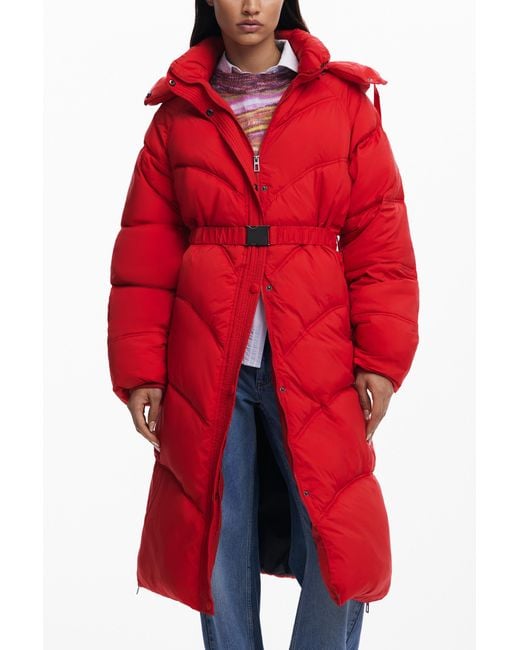 Desigual Red Long Padded Coat, Polyamide