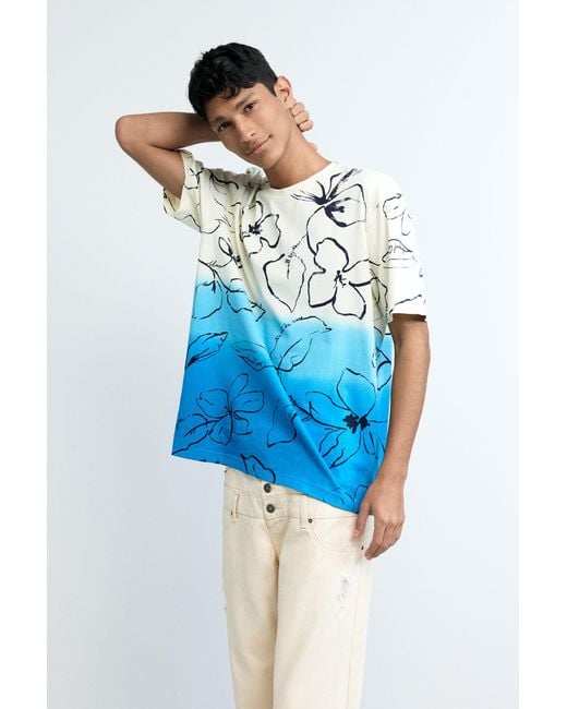 Desigual Blue Tropical Gradient T-Shirt, Cotton for men