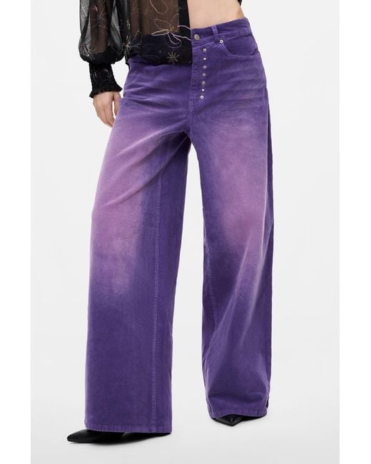 Desigual Purple Wide-Leg Corduroy Trousers, Cotton