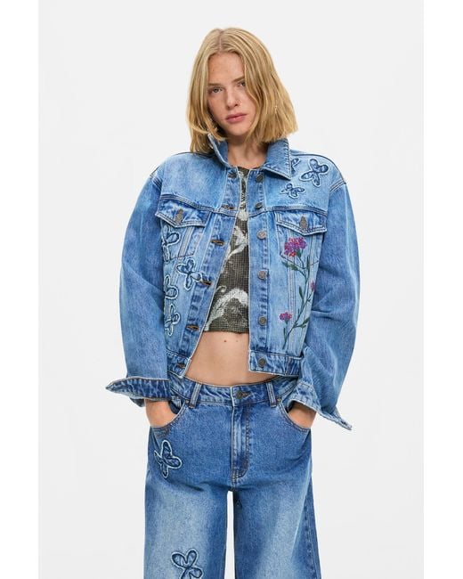Desigual Blue Embroidered Denim Jacket 100% Cotton, Cotton