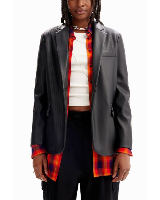 Desigual Black Leather-Effect Blazer, Polyurethane