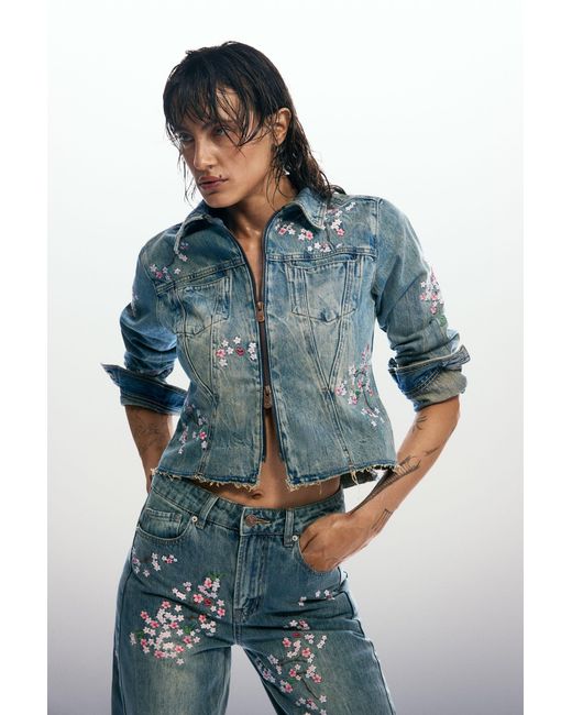 Desigual Blue Embroidered Denim Jacket, Cotton