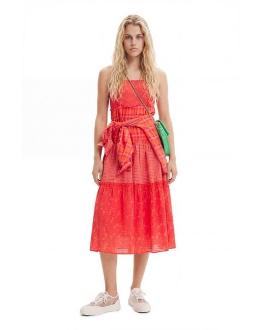 Desigual Red Long Patchwork Strappy Dress, Polyester