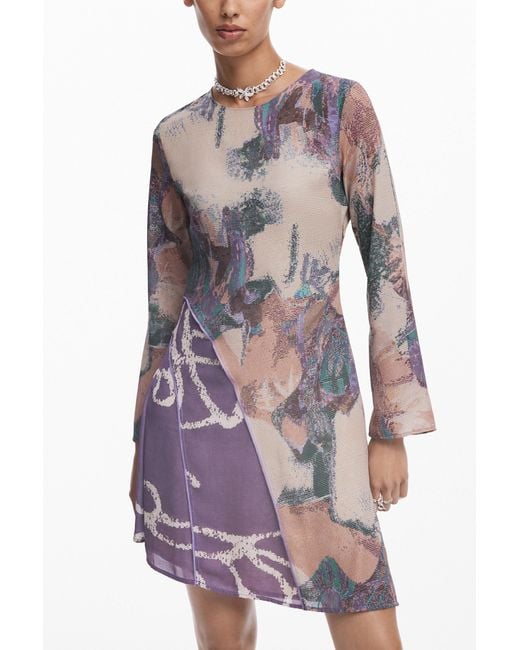 Desigual Brown Asymmetric Printed Dress, Polyester
