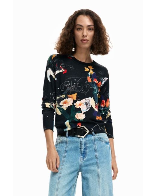 Desigual Blue Thin Sweater Plants