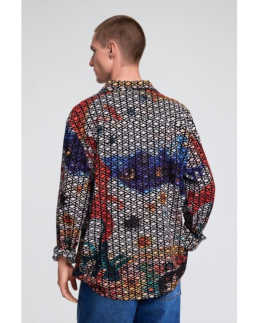 Desigual Blue Embroidered Printed Shirt for men
