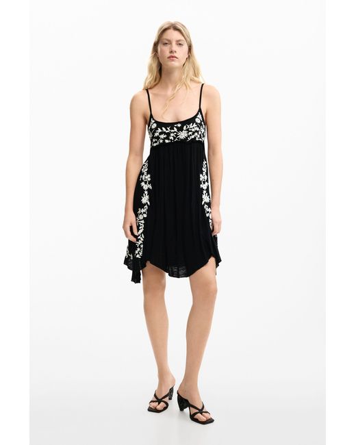 Desigual Black Embroidered Fluid Strap Dress, Viscose