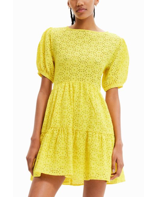 Desigual Yellow Kurzes Kleid Schweizer Lochstickerei