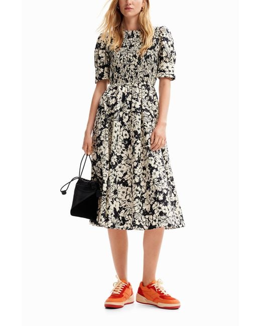 Desigual White Floral Midi Dress, Cotton