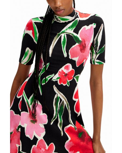 Desigual Red Short Floral Skater Dress, Viscose