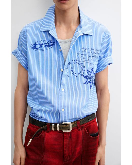 Desigual Blue Short Printed Cotton Shirt, Cotton for men