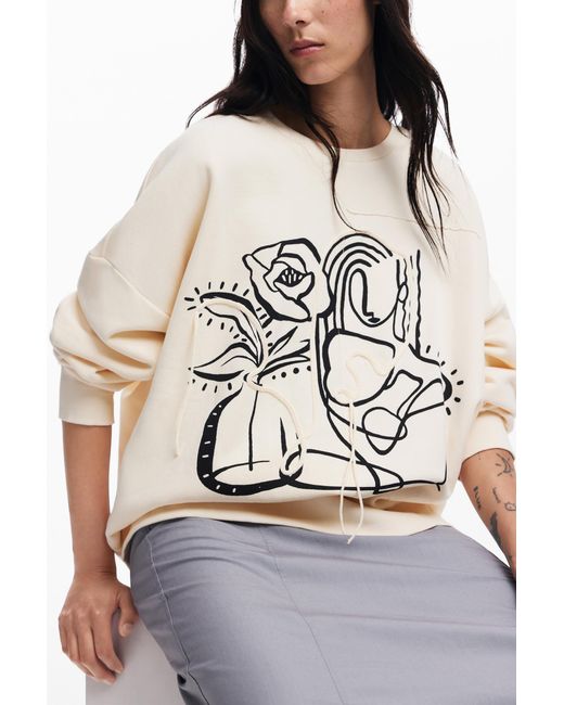 Desigual White Oversized Floral Sweatshirt, Cotton