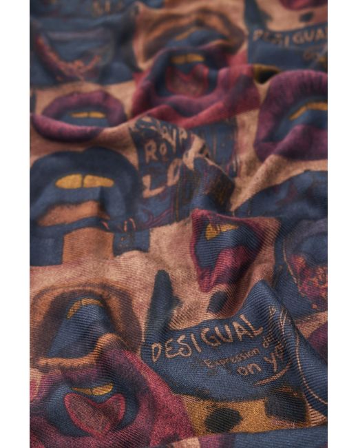 Desigual Brown Rectangular Scarf Lips, Viscose