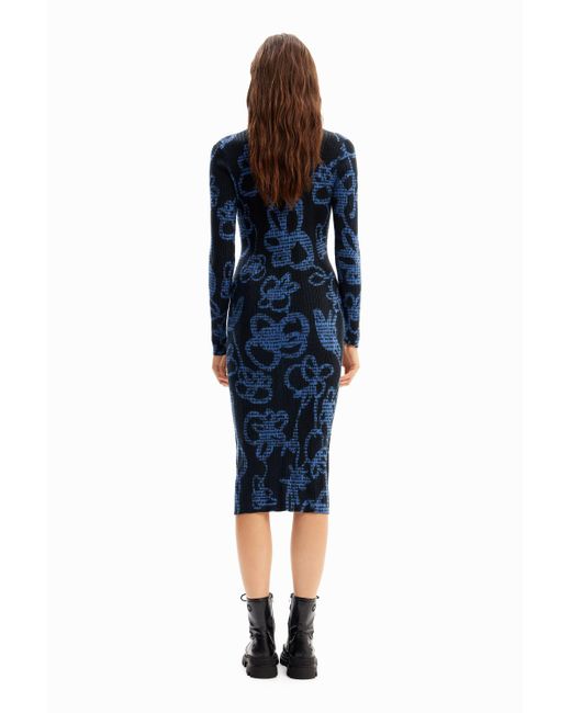 Desigual Blue Floral Knit Midi Dress