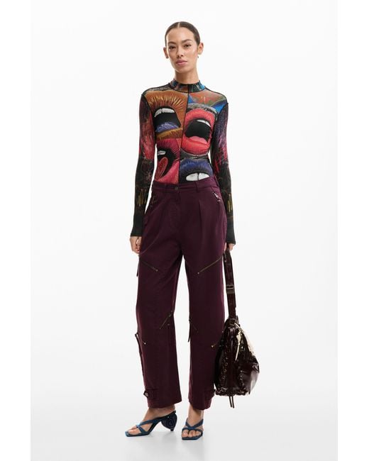 Desigual Red Long-Sleeved T-Shirt With High Neck, Viscose