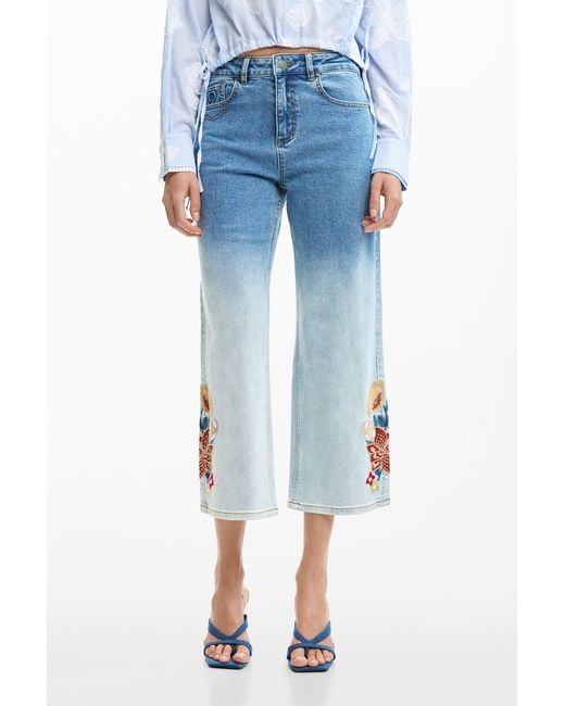 Desigual Blue Embroidered Culotte Jeans, Cotton