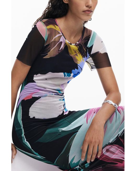 Desigual Black Watercolor Floral Fitted Dress, Polyester