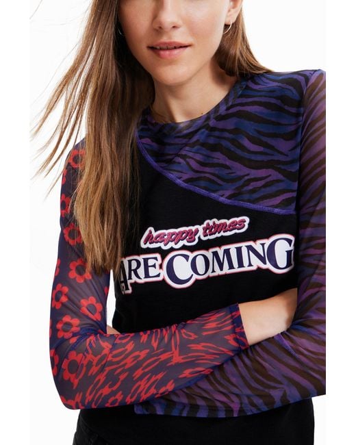 Desigual Blue Patchwork Tulle T-Shirt With Message