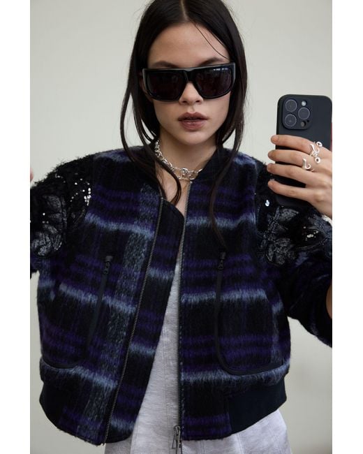 Desigual Blue Embroidered Checked Bomber