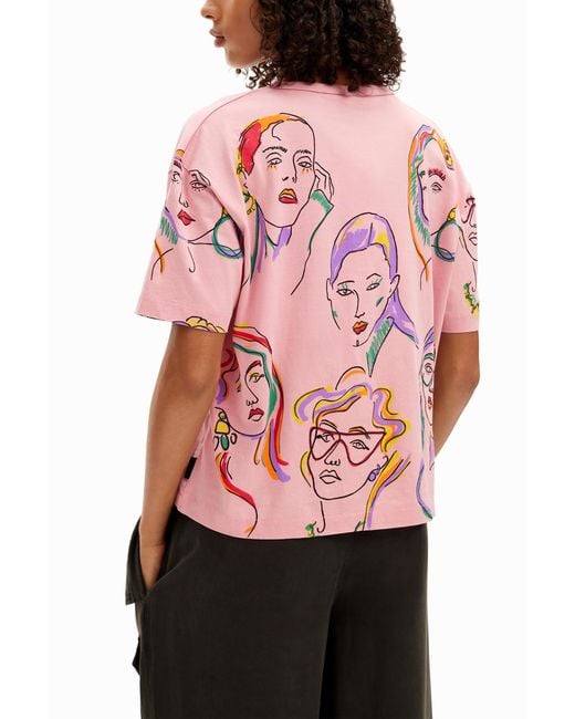 Desigual Pink Arty Faces T-Shirt, Cotton