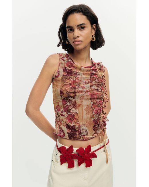 Desigual Red Printed Sleeveless T-Shirt, Polyester