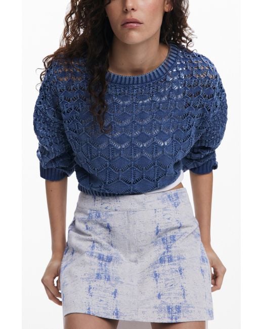 Desigual Blue Cropped Openwork Sweater