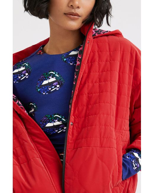Desigual Red Short Quilted Hooded Jacket, Polyester