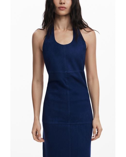 Desigual Blue Open-Back Suede Dress, Polyester