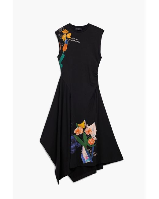 Desigual Black Asymmetric Floral Dress, Cotton