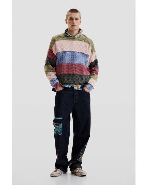 Desigual Red Stitch Knit Sweater, Cotton for men