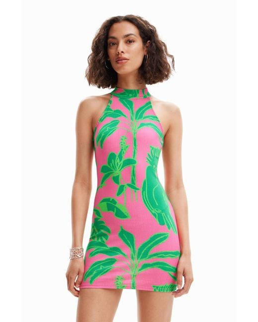 Desigual White Short Halter Neck Dress, Viscose
